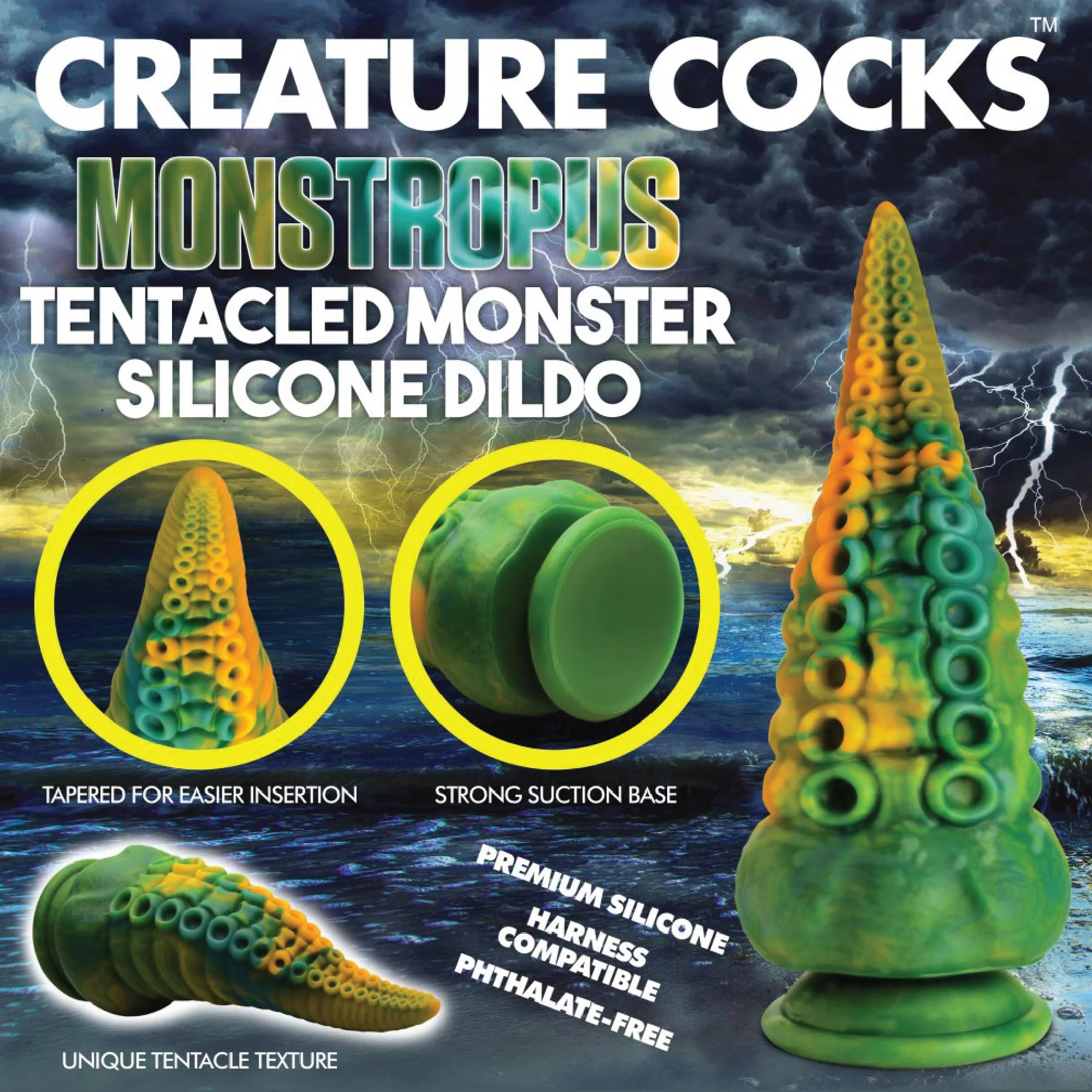 Creature Cocks Monstropus Tentacled Monster Silicone Dildo - Green/Yellow/Blue - Image 4